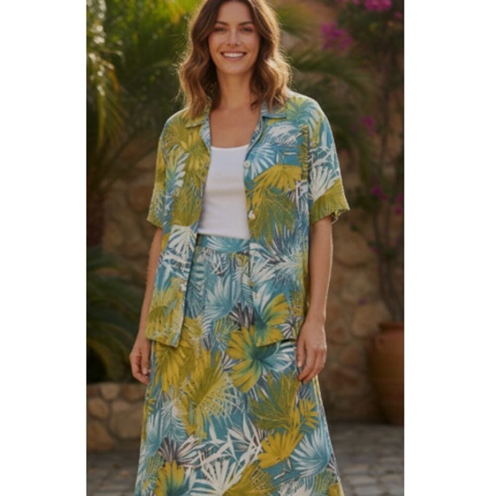 Clio 90s Blue Green Tropical Print Skirt Shirt Set size S/M
